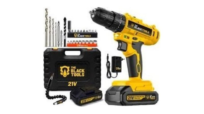 Parafusadeira Furadeira De Impacto A Bateria 21V 3/8” Bivolt 1400 Rpm Com Acessórios E Maleta TB-21PZW The Black Tools