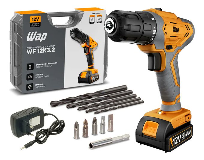 Parafusadeira e Furadeira de Impacto WAP 12V + Maleta com Acessórios + Frete Grátis