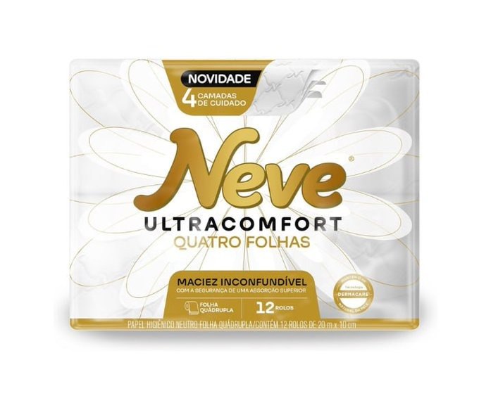 Neve Papel Higiênico Ultracomfort, Folha Quádrupla, 20m, 12 rolos