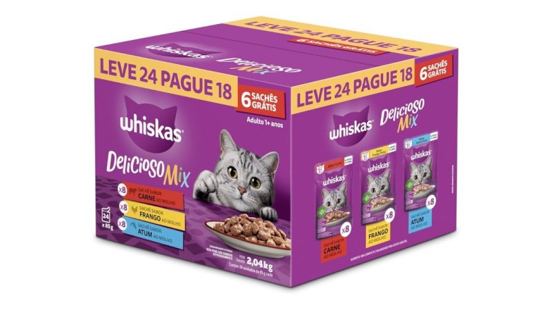 Pack 24 un. Ração Úmida Whiskas Sachê Carne/Frango/Atum para Gatos Adultos 85g