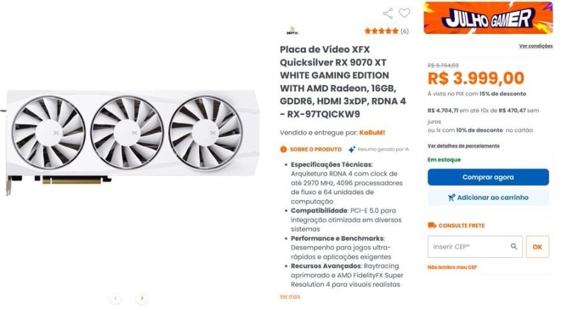 Placa de Vídeo XFX Quicksilver RX 9070 XT WHITE GAMING EDITION WITH AMD Radeon, 16GB