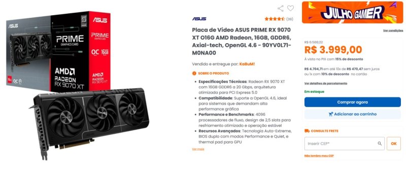 Placa de Vídeo ASUS PRIME RX 9070 XT O16G AMD Radeon, 16GB