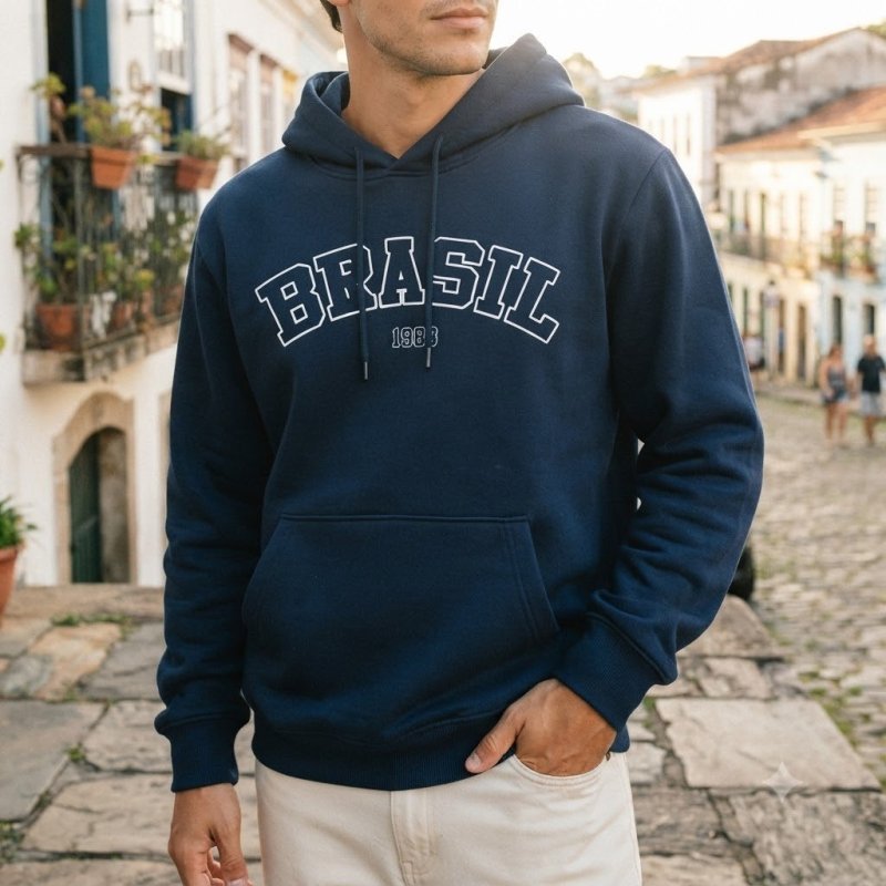 Blusa Moletom Masculino Canguru Com Capuz Estampa Brasil