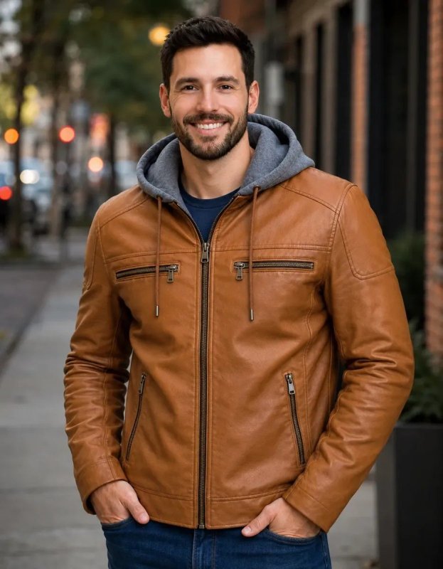 Jaqueta De Couro Masculina Preta Marrom Motoqueiro Com Capuz