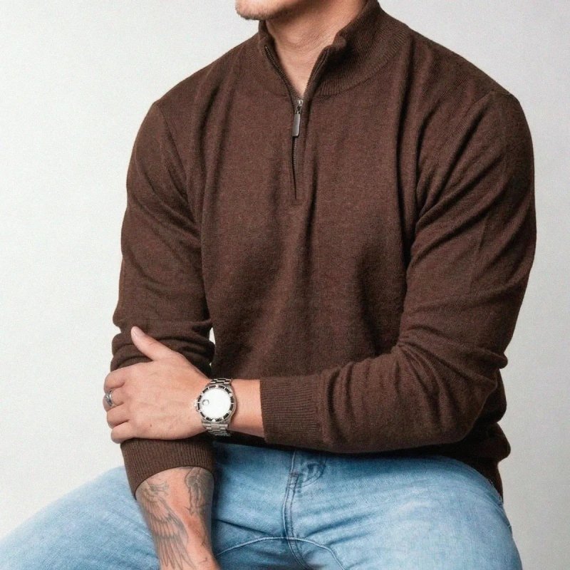 Suéter Masculino Zíper Elegante Gola Alta Inverno Old Money