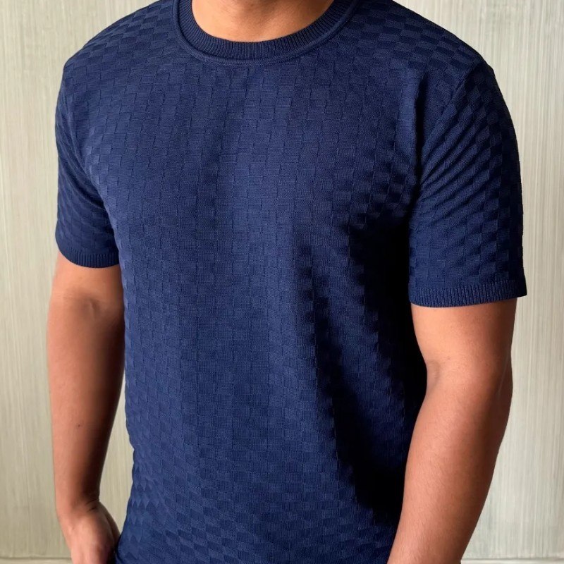 Camiseta Masculina Manga Curta Xadrez Tricô Leve Elegante