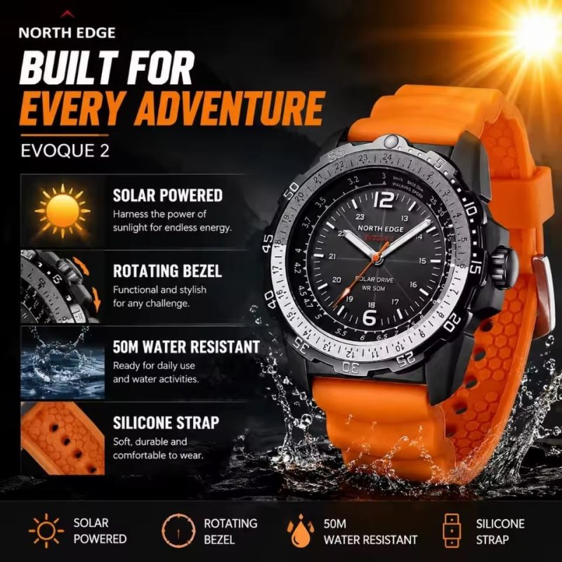 NORTH EDGE EVOQUE 2 PHOTON Relógio Masculino Solar Esportivo 50M à Prova d'Água com Ponteiros Luminosos e Design Outdoor Militar