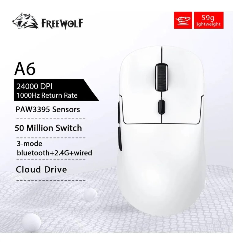 Mouse Gamer Sem Fio Freewolf A6 24000 Dpi PAW3395