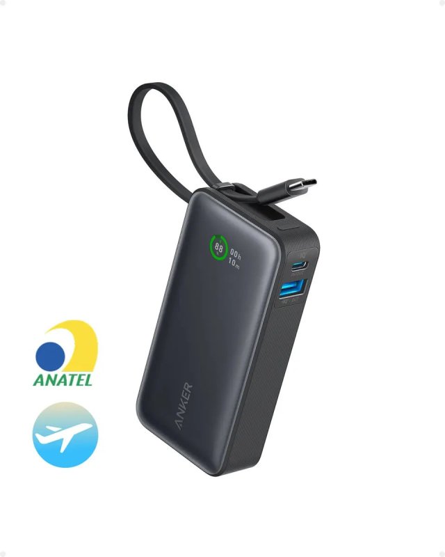 Anker Nano Power Bank 10000mAh 30W - Cabo USB-C Embutido - Tela Digital