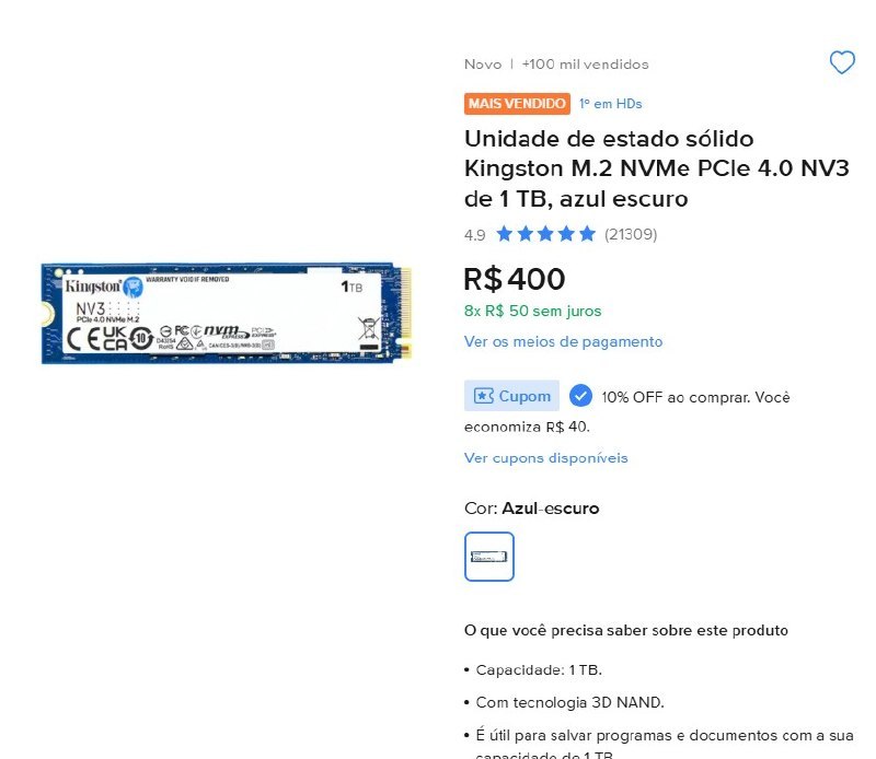 Unidade de Estado Sólido Kingston NV3 M.2 NVMe PCIe 4.0 1 TB