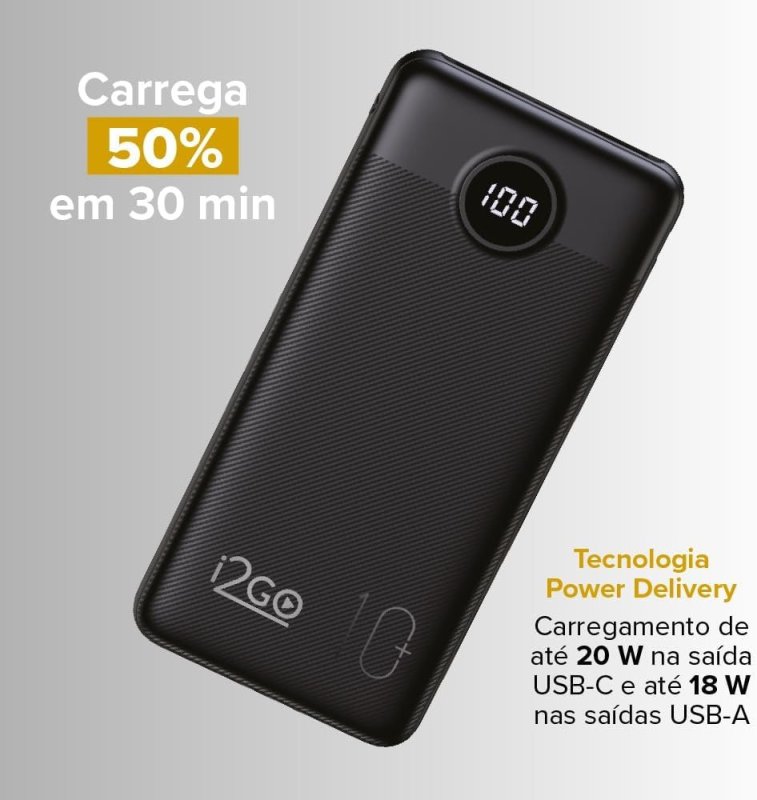 I2GO Power Bank 10000mAh - Power Delivery 20W - 2 USB + USB-C - Preto