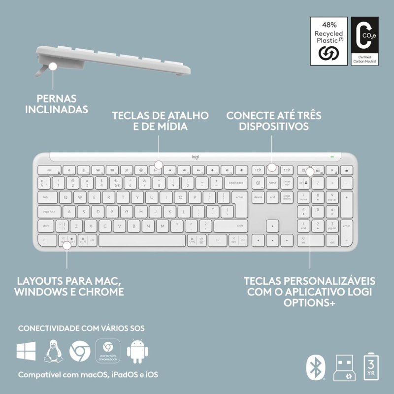Teclado sem fio Logitech Signature Slim K950, Easy-Switch, Bluetooth/USB, Layout US INTL — Branco