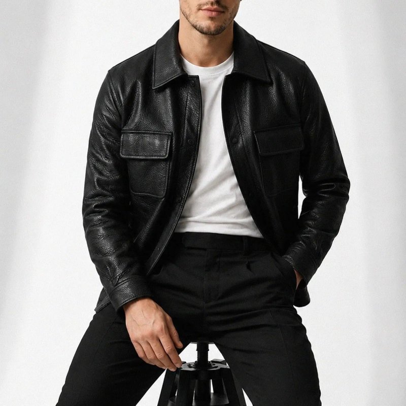 Jaqueta De Couro Masculina Pu Com Bolsos Casual Elegante Old