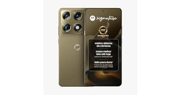 Smartphone Motorola Signature 5G 512GB 24GB (12GB RAM + 12GB RAM Boost), 3 câmeras 50MP Sony Lytia e Zoom 100x, Tela 1.5K extreme Amoled 165hz Verde Oliva
