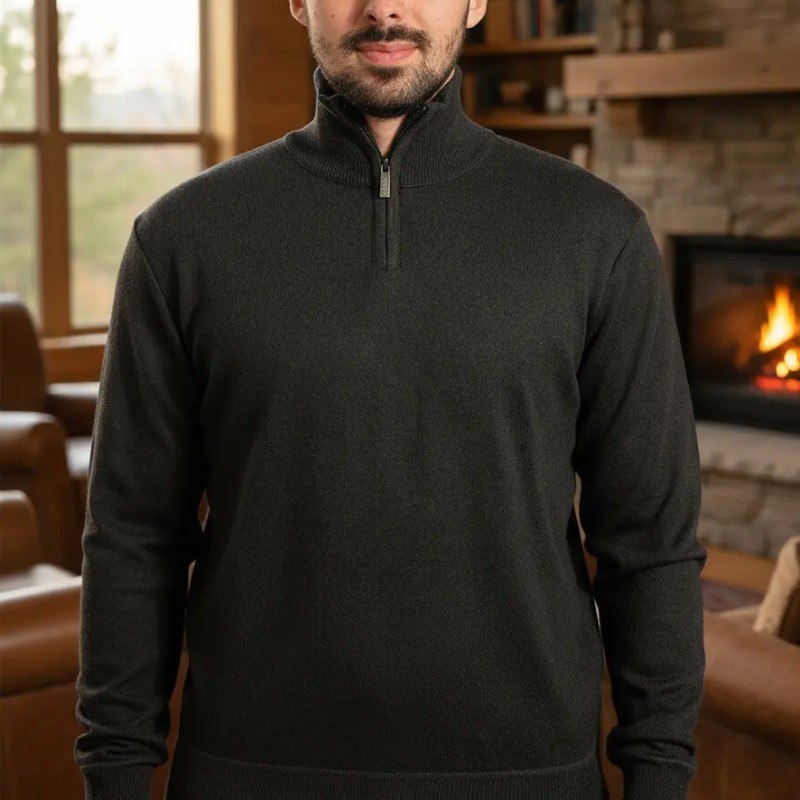 Suéter Masculino Anistia Malha Tricot Gola Alta Meio Zíper