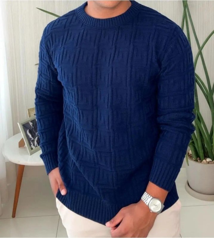 Suéter Masculino Lã Tricot Manga Longa Trabalhado