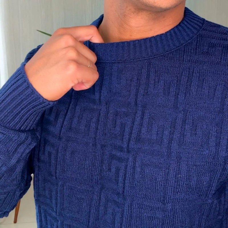 Suéter Masculino Lã Tricot Manga Longa Trabalhado