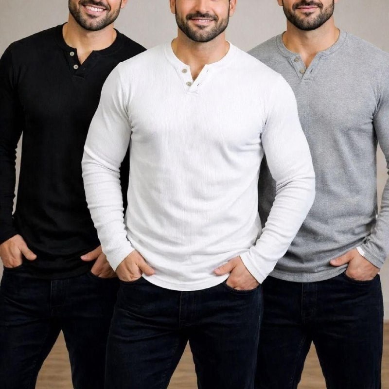 Kit Com 3 Camisetas Henley Manga Longa