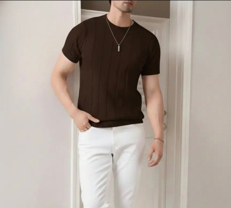 Camiseta Masculina Básica Canelada Manga Curta Tricot Modal