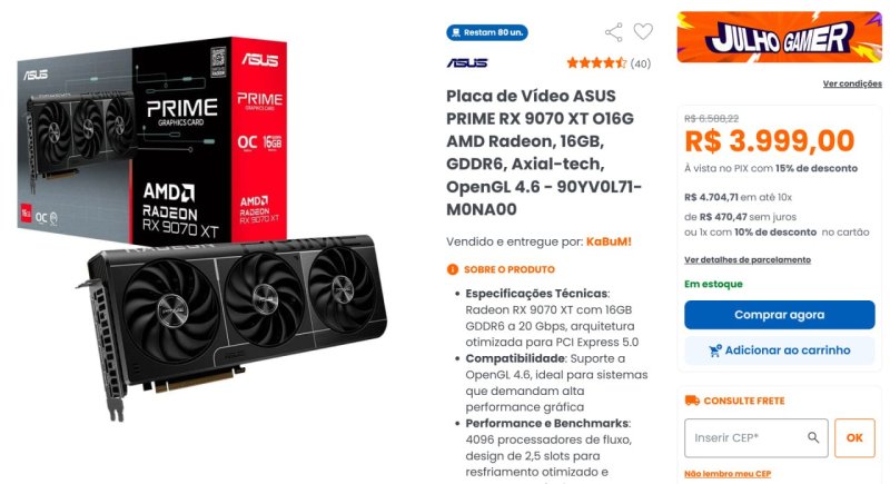 Placa de Vídeo ASUS PRIME RX 9070 XT O16G AMD Radeon, 16GB