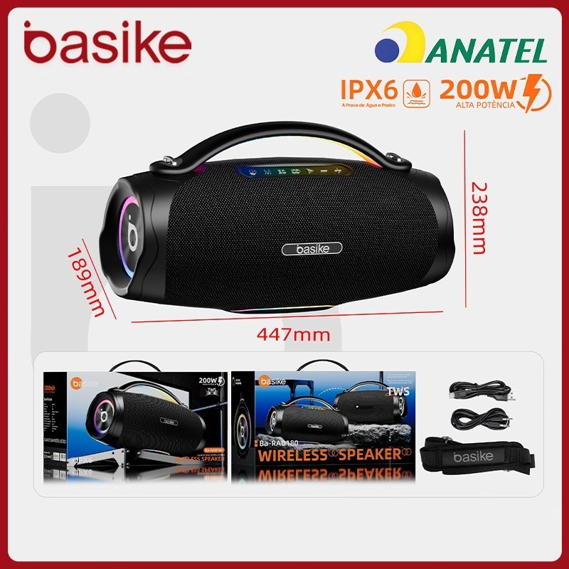Basike alto-falante bluetooth 5.4 sem fio 200W Caixa Subwoofer Som Estéreo De Alta Fidelidade Party Ipx6, RAD180