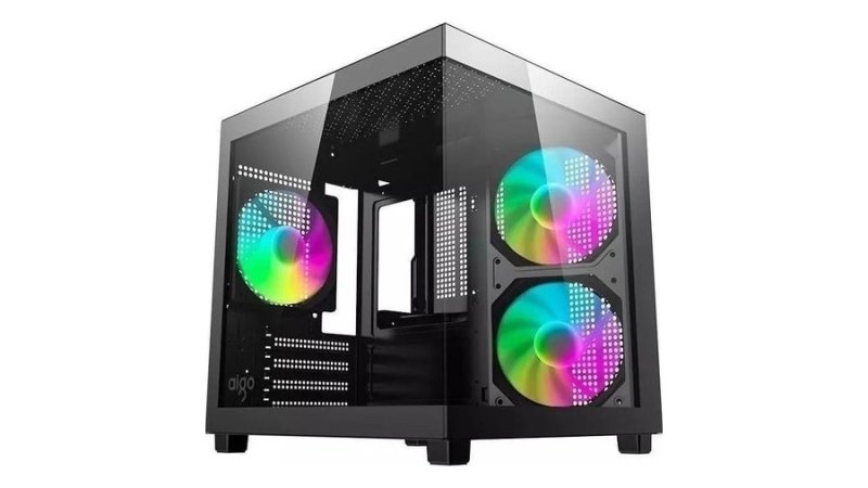 Gabinete Gamer Aigo Luna A275, Rainbow, MINI-TOWER, Lateral de Vidro, com 3 Fans, Preto