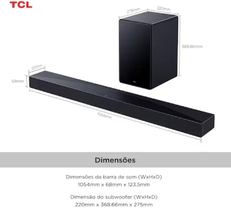 TCL Soundbar Q65H, 5.1 Canais, 580W, Subwoofer sem Fio, Ray-Danz, Dolby Atmos