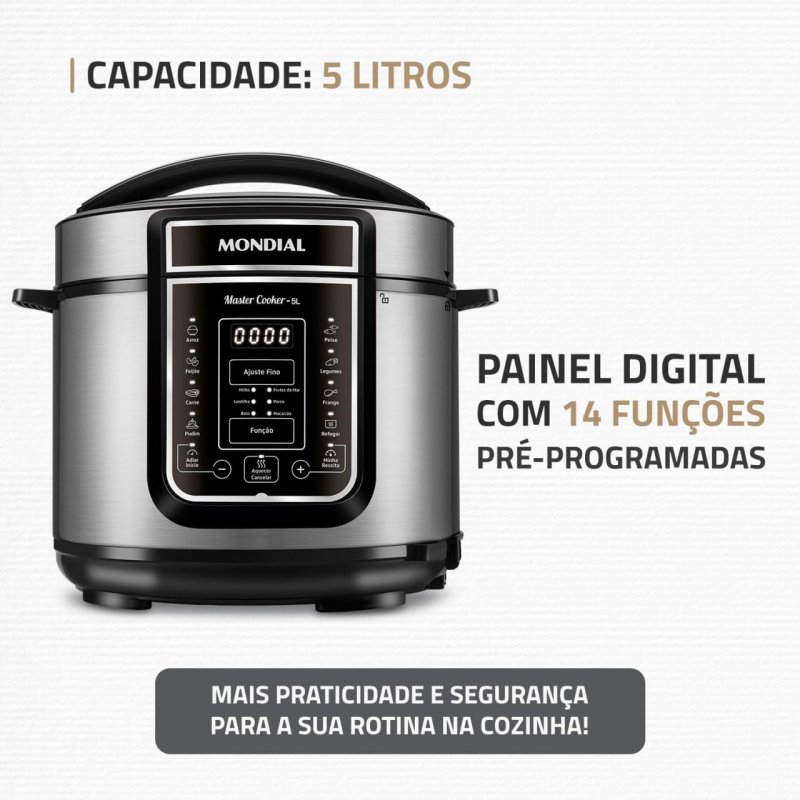 MONDIAL Panela de Pressão Elétrica Digital 5L - 900W 110V - Preto/Inox