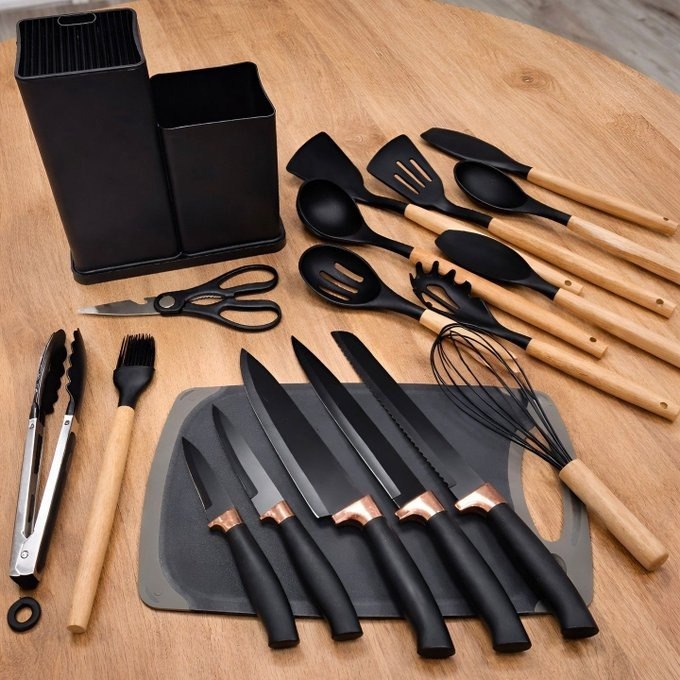 Conjunto com 19 Peças Utensílios Cozinha Silicone Preto + Frete Grátis
