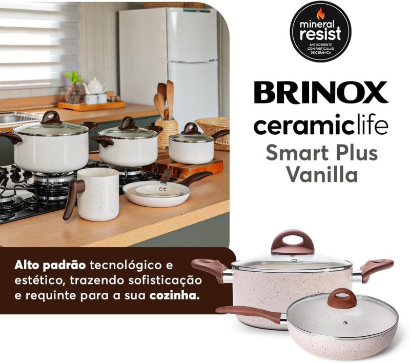 Brinox Ceramic Life Smart Plus 8 Peças - Antiaderente - Vanilla