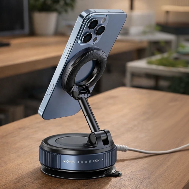 Suporte para Celular Magnético com Ventosa Vácuo 360° Ajustável - Preto