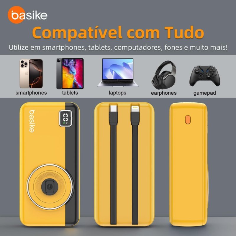 Basike Power Bank 30000mAh - 2 Saídas USB-A e Tipo-C até 22.5W - Amarelo