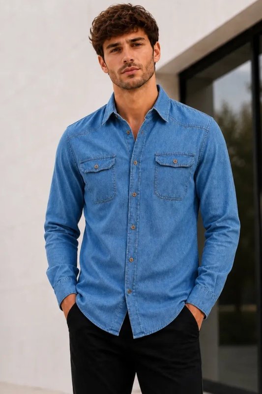 Camisa Jeans Slim Manga Longa Masculina