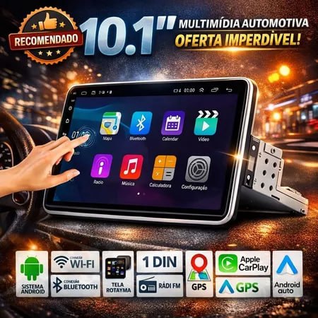 Central Multimídia 10.1” CarPlay Android Auto Sem Fio e Espelhamento iOS Android FullHD