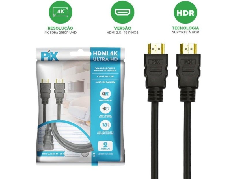 Cabo Hdmi 2.0 4K Hdr 19P 2M Pix Gold, Preto
