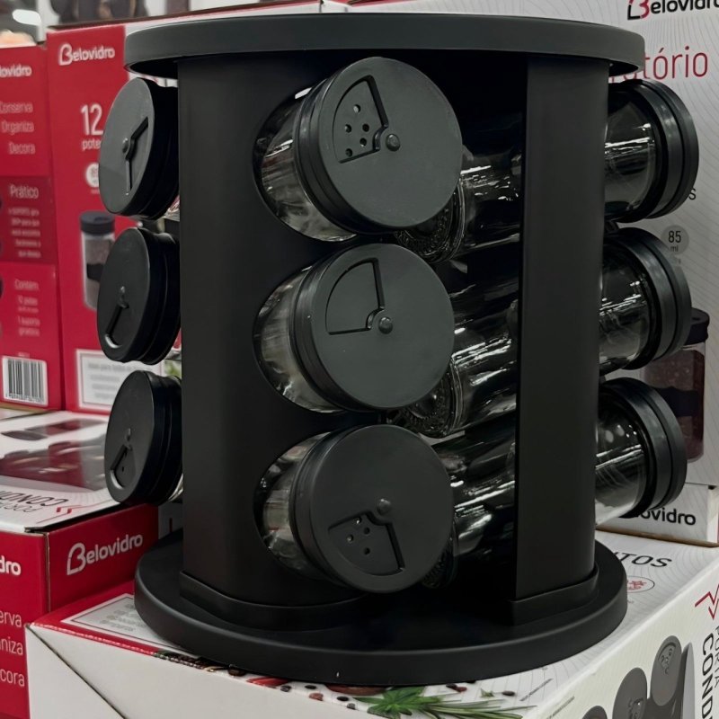Porta Temperos Giratório Com 9 Potes De Vidro Cor Preto + Frete Grátis