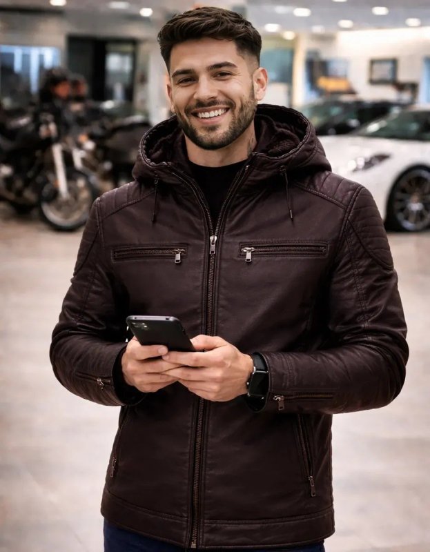 Jaqueta De Couro Masculina Preta Marrom Motoqueiro Com Capuz