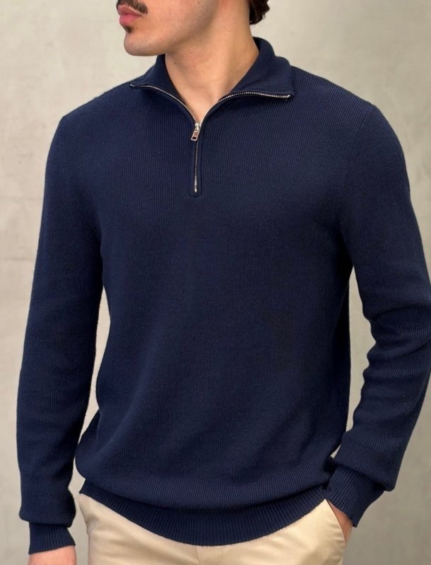 Suéter Masculino Zíper Elegante Gola Alta Inverno Old Money