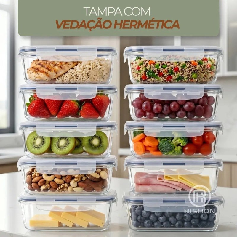 Kit 10 Potes de Vidro Marmita Hermético 370ml Freezer Fitness Rishon