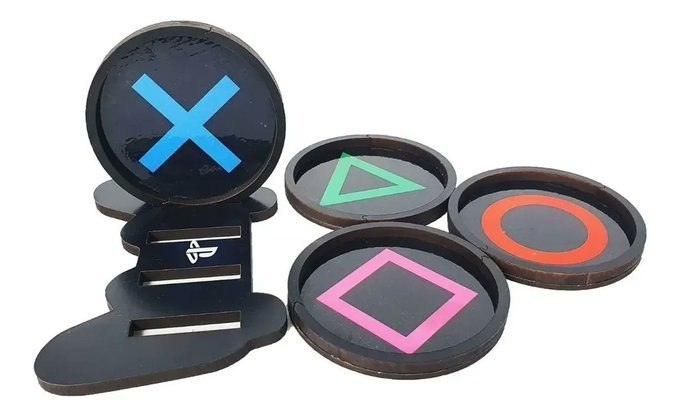 Porta Copos Em Mdf Gamer Ps + Suporte Formato Controle Ps + Frete Grátis
