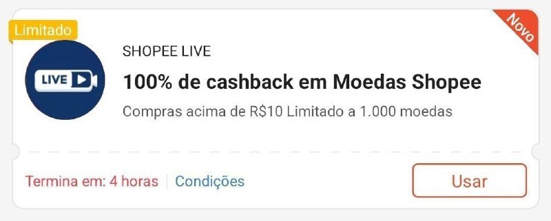 Cupom de 100% de Cashback limitado a 2000 moedas