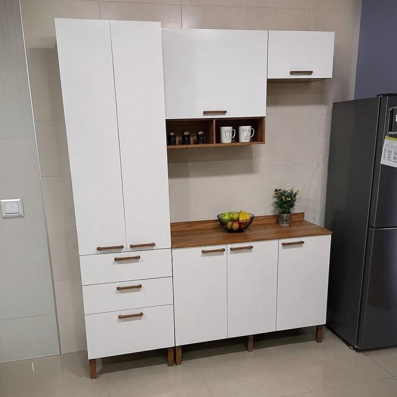 Cozinha Compacta Bartira Veneza 7 Portas 3 Gavetas - Damasco/branco Fosco