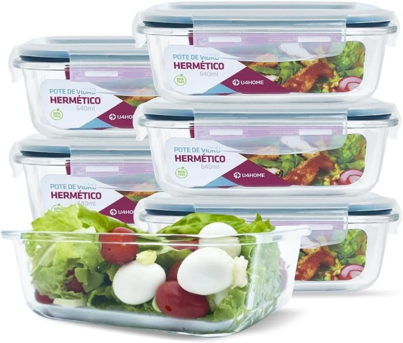 Kit 06 Potes Herméticos de Vidro 640ml + Frete Grátis