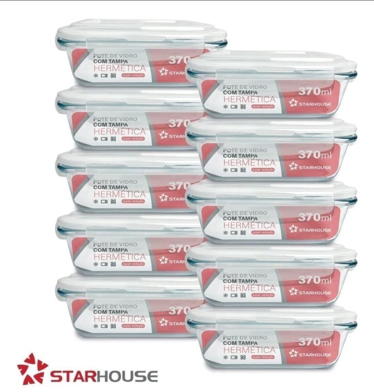 Kit 10 Potes Vidro 370ml Hermético Marmita Forno Refratário Star House