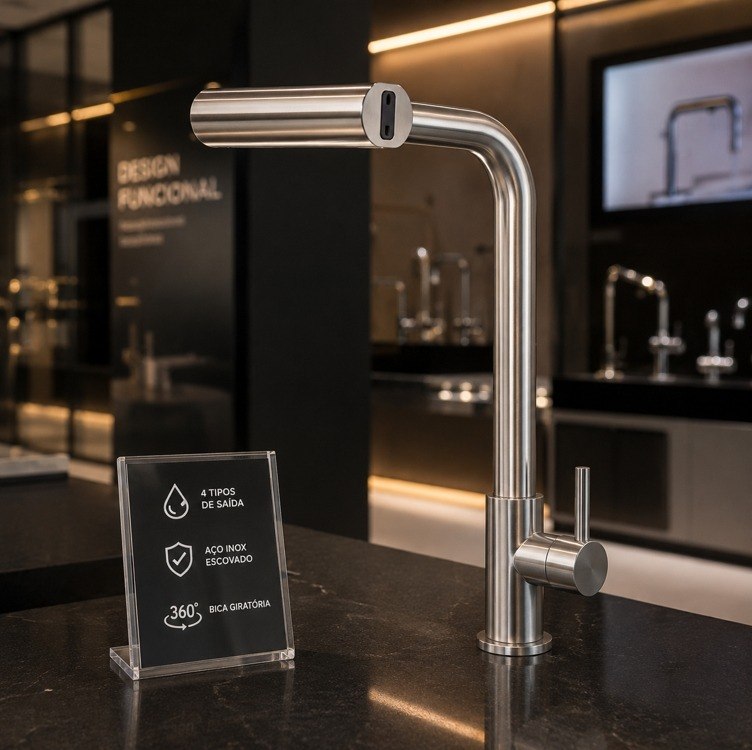 Torneira Cozinha Bancada Inox 304 Água Fria Bica Alta Gourmet 4 Modos De Água Estilo Cascata