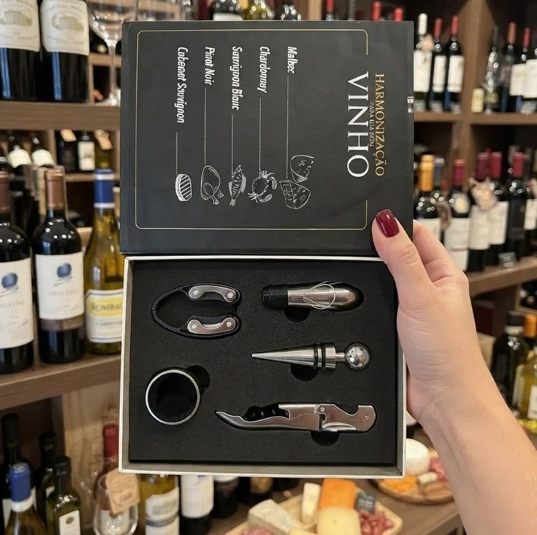 Kit Vinho 5 Peças: Abridor, Dosador, Saca Rolhas E Tampa