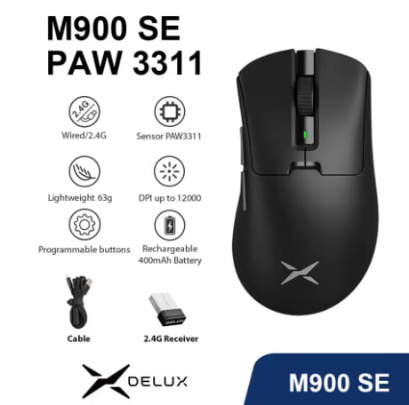 Mouse Sem Fio Delux M900 SE PAW3311 - 1000Hz - +-63g - 2.4Ghz/Com Fio - 400mAh