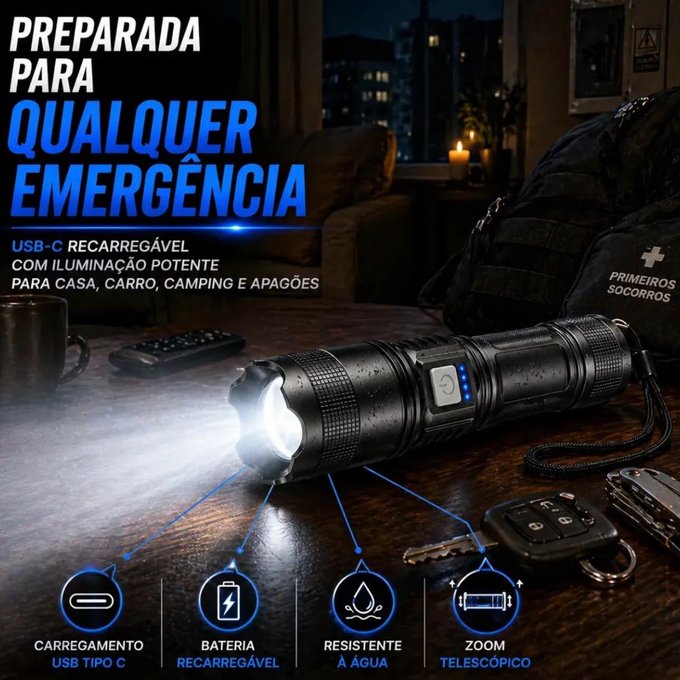 Lanterna Militar Tática LED 1Km Zoom Telescópico, Recarregável, Resistente à Água