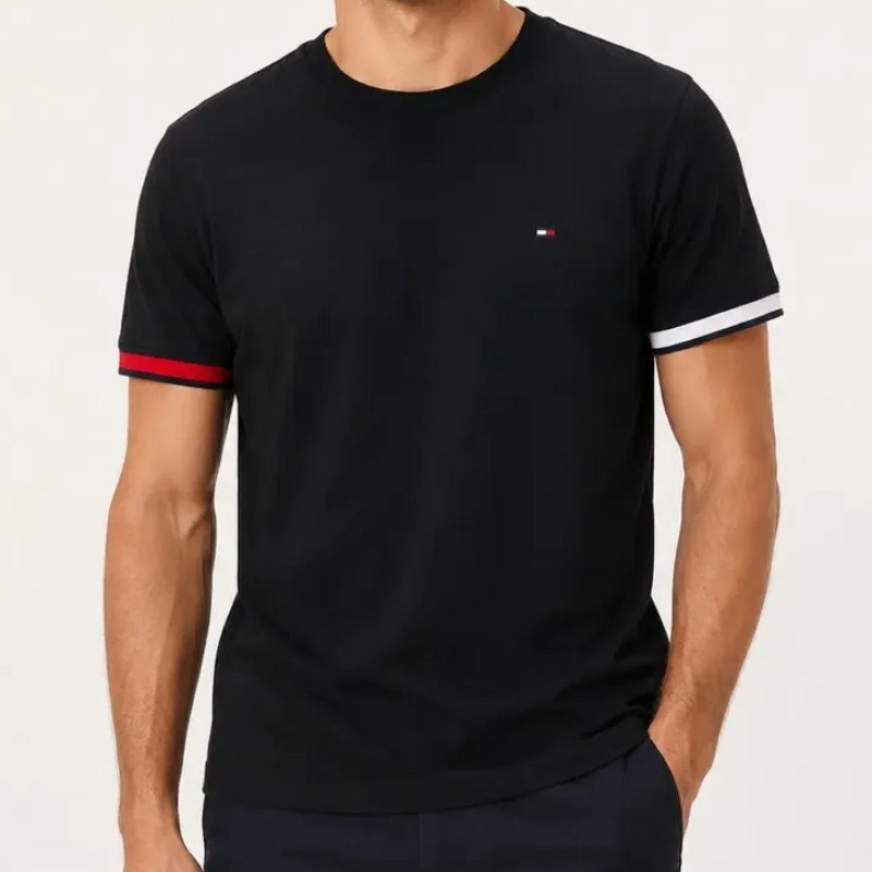 Camiseta Masculina Básica Com Frisos Na Manga Tommy Hilfiger