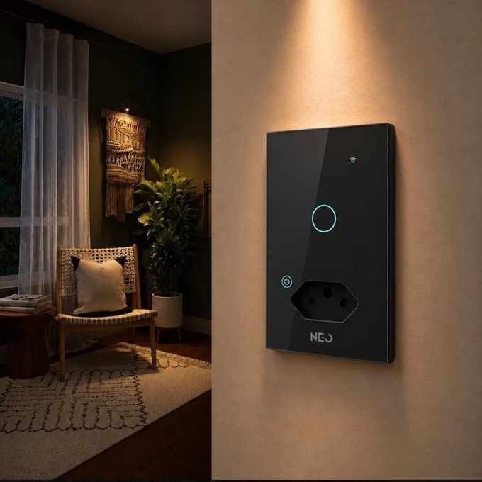 Interruptor Inteligente Smart WiFi 1 Botão com Tomada 4x2 Bivolt Preto Neo Avant